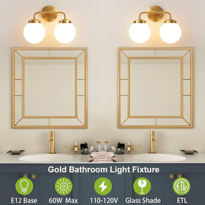 Bathroom Vanity Light Fixtures Over Mirror, Modern Brass Gold 2 Lights Wall Sconce Lighting with Milky Glass Ball Shades, Mid Century Farmhouse Bathroom Lighting