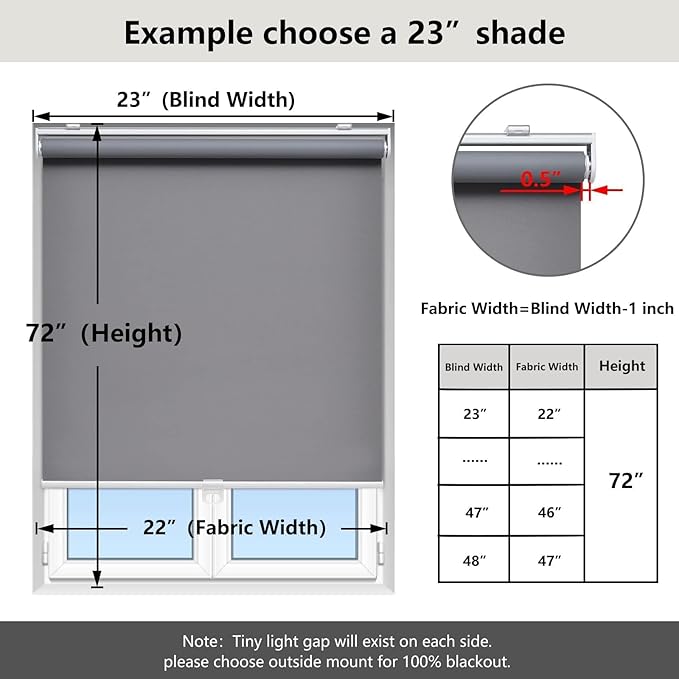 AOSKY Cordless Roller Shades Blackout Blinds for Windows Room Darkening Rolled Up Shades with Spring System, UV Protection Window Shades Door Blinds for Home and Office (34.5" W x 72" H, Grey)
