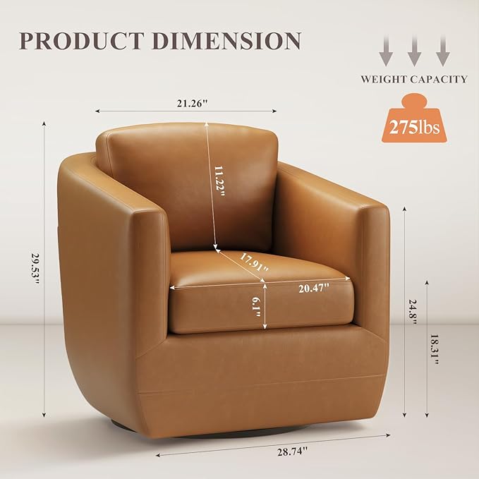 COLAMY 360° Swivel Accent Chair with Pillow, Leather Living Room Armchair No-Sag Foam & Sturdy Metal Base, Fully Assembled Swivel Accent Single Sofa for Bedroom Living Room, Reading Room, Brown