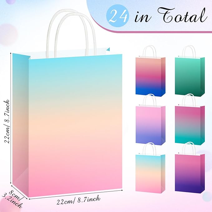 Pajean 24 Pack Ombre Gift Bags with Tissues Paper Gradient Paper Gift Bag with Handles Rainbow Party Favor Bags Kraft Goodies Treat Bag for Birthday Baby Shower Wedding Party Favors Supplies