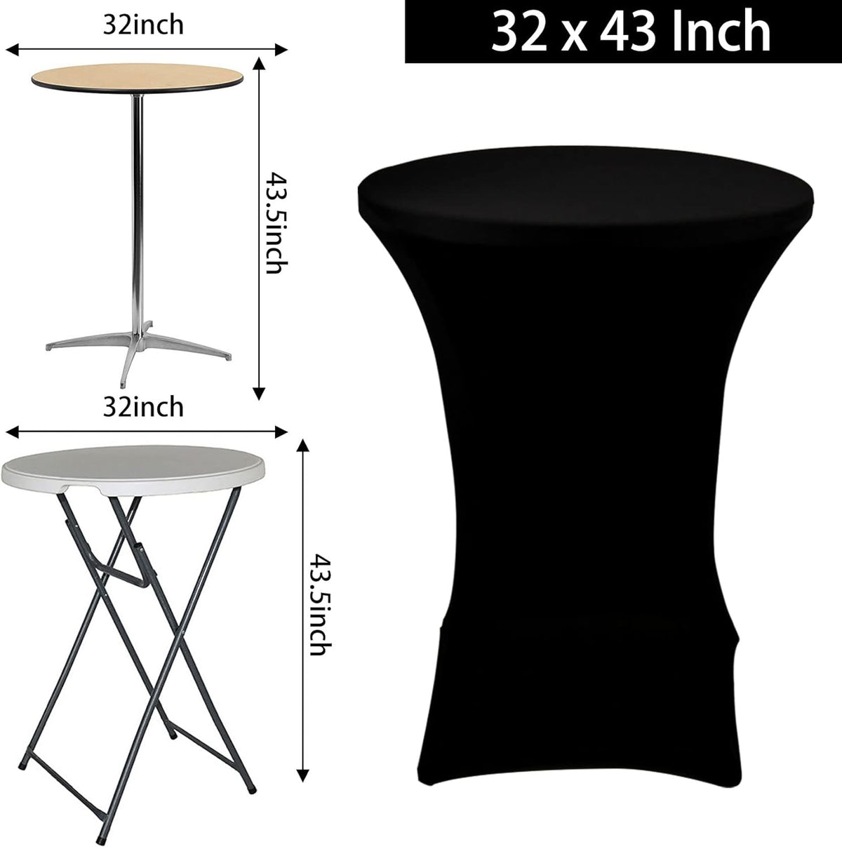 3 Pack Cocktail Spandex Tablecloth 32"x43" Cocktail Table Cover Fitted for High Top Round Table for Bar Wedding Birthday Party Banquet (Black)