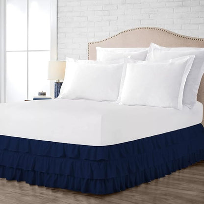 Multi-Ruffle Bed Skirt, Soft Multi Ruffle Bed Skirt Elastic Dust Ruffles with Wrap Around Bed Skirt Easy Fit with 18 Inch Drop 100% Cotton 800 Thread Count Bed Skirt (California King, Navy Blue)