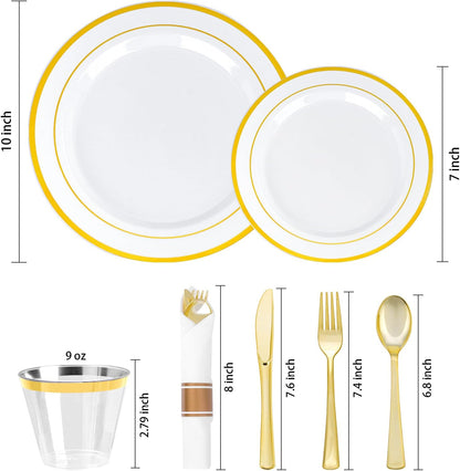 350 PCS White and Gold Plastic Dinnerware Set for 50 Guests, 100 Disposable Plates for Party, 50 Pre Rolled Napkins with Gold Silverware, 50 Cups