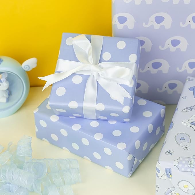 MAYPLUSS Blue Elephant Baby Shower Wrapping Paper - 17" X 120" Per Roll(3 Rolls) - Elegant Welcome Boy Elephant Theme Birthday Gift Wrap Sheet for Baby Shower, Celebration, Party, Newborn
