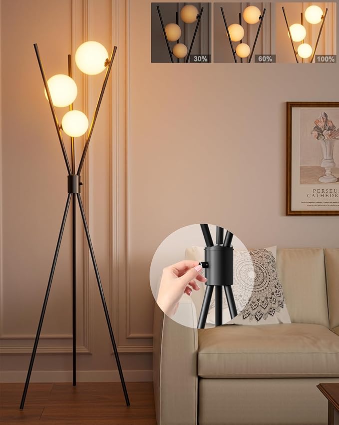 3 Globe Dimmable Tripod Floor Lamp, Mid Century Standing Lamps with 3Pcs 3000K Bulbs Included, Modern Tall Lamp for Living Room Bedroom Office-Black