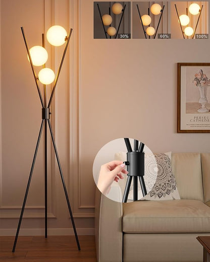 3 Globe Dimmable Tripod Floor Lamp, Mid Century Standing Lamps with 3Pcs 3000K Bulbs Included, Modern Tall Lamp for Living Room Bedroom Office-Black