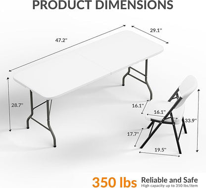 Elevon Folding Table Set with 8 White Folding Chairs,6 Feet Heavy Duty Fold-in-Half Utility Table Sets for Picnic, Event, Training, Outdoor Activities, at Home and Commercial Use