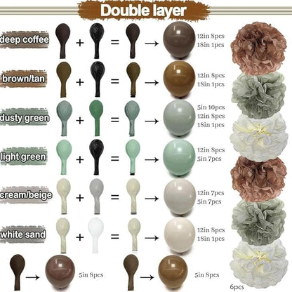 Green Brown Balloon Arch Double Stuffed Dusty Sage Green Brown Nude Neutral Beige White Sand Balloon Garland Kit Tissue Paper for Baby Shower Birthday Woodland Wedding Safari Little One Party Decor