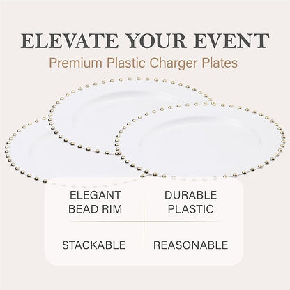 PLASTICPRO White with Gold Rim Plastic Charger Plates with Beaded Edge – Pack of 4 – 13" Elegant Round Disposable Chargers for Weddings, Events, Parties, and Dinners