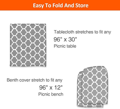 8ft Picnic Table and Bench Cover, Camping Essentials RV Gear, 96 in Waterproof Windproof Outdoor Elastic All Around Tablecloth, Fitted Rectangle Tables and Seats, Gray-White Moroccan