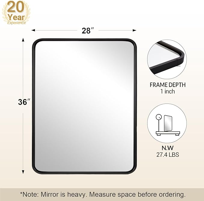 ANDY STAR 28x36 INCH Black Bathroom Mirror, Black Bathroom Vanity Mirrors for Wall, Rounded Rectangle Mirror for Bathroom, Tube Metal Frame, 1’’ Deep Wall Mounted Vertical/Horizontal