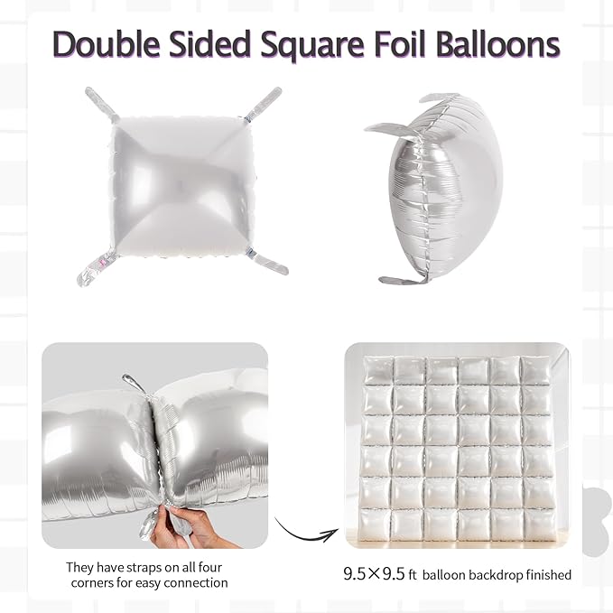 36pcs Pearl White Square Foil Balloons Backdrop Kit - 9.5ft White Elegant Balloon Wall/Tunnel for Birthday, Wedding, Baby Shower, 2026 Graduation Photo Booth (Straws & Ribbon Included)