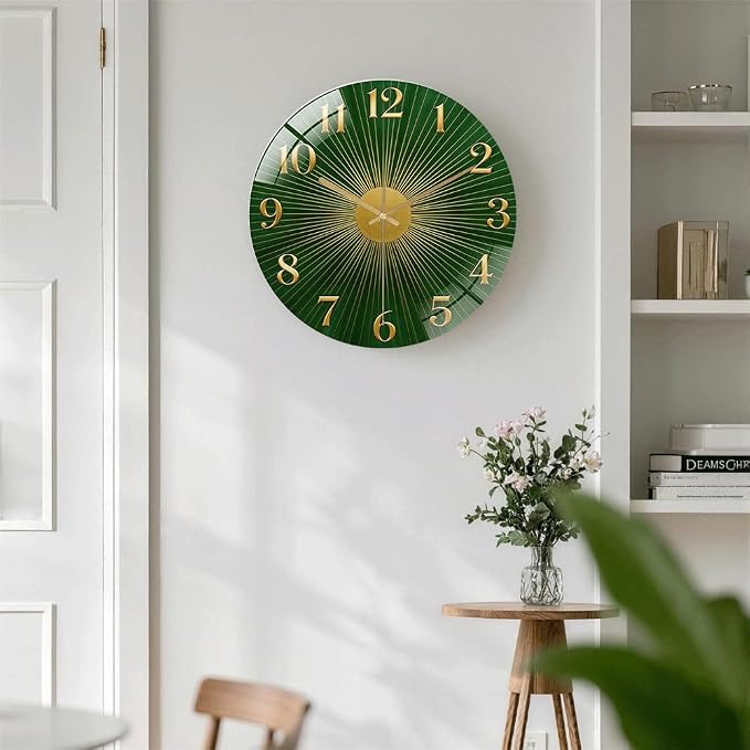 12 Inch Green Sunburst Glass Wall Clock Silent Art Decor | Silent glossy clock with an emerald green sunburst and gold numbers, elegantly tracking time for your living room