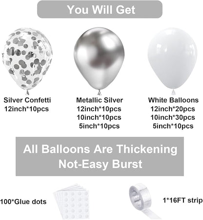 Bezente White Silver Balloon Garland Kit,100Pcs White Silver Metallic Chrome and Silver Confetti Balloons with Balloon Tape for Winter Wonderland Wedding Prom Special Events Party Winter Decor