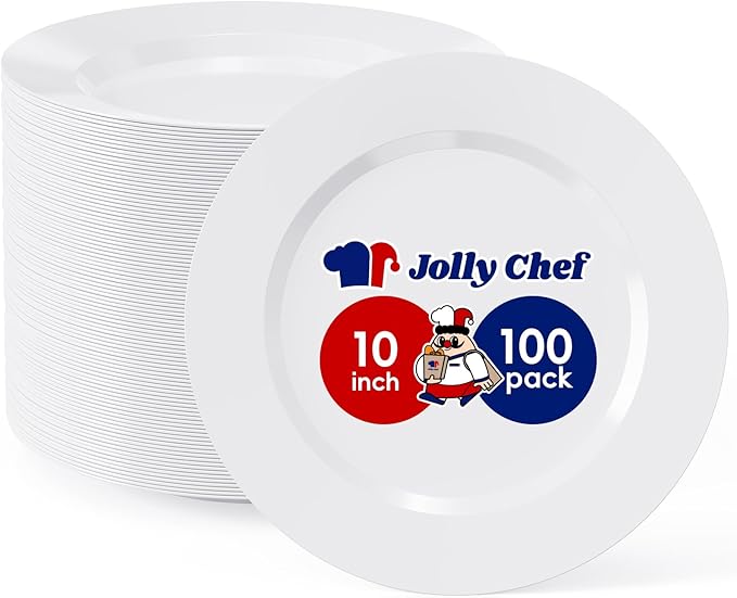 JOLLY CHEF 100 Pieces White Plastic Plates-10 Inch Elegant Disposable Plastic Plate, Disposable White for Weddings,Parties,Christmas,Birthdays and Events