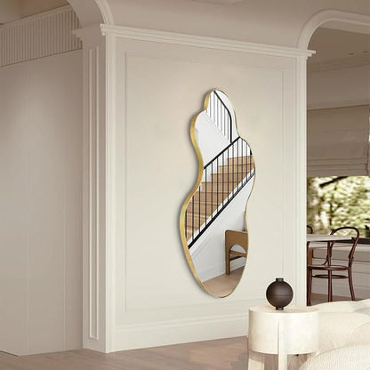 Irregular Wall Mirror, 46.5"x24" Asymmetrical Decorative Accent Mirror with Gold Metal Frame, Large Organic Shape Mirrors for Entryway Bedroom Living Room, Horizontal or Vertical Hanging