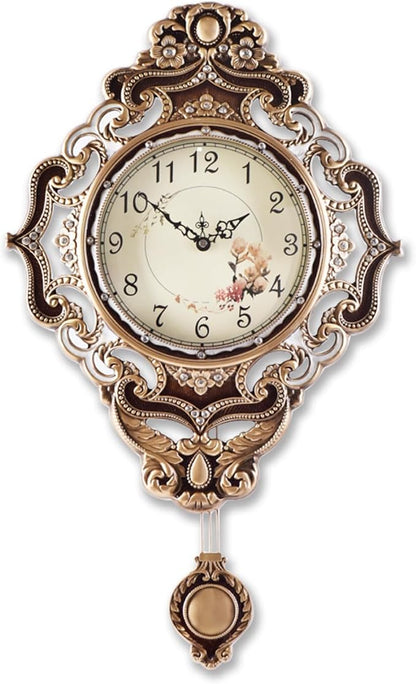 Aero Snail Retro Wall Clock with Pendulum, European Victoria Mid Century Style, Battery Operated Large Metal Silent Clock for Living Bedroom Wall Vintage Decor - Brown