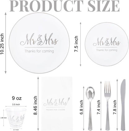 175 Mr and Mrs Silver Wedding Plastic Plates and Napkins Set,Bridal Shower Plates Set for 25 Guests Include 25Dinner Platos,25Dessert Platos,25Cups,25Napkins,25Gold Cutlery for Engagement Party Decor