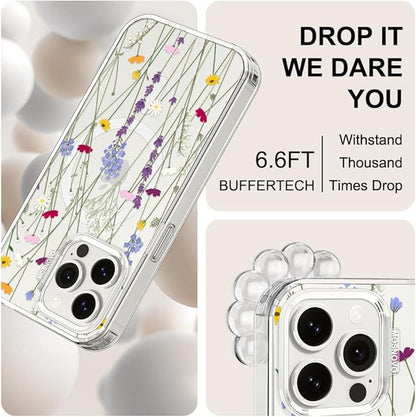 MOSNOVO Case for iPhone 15 Pro Max, [Buffertech 6.6ft Military-Grade Drop Protection] [Anti Peel Off Tech] Clear TPU Bumper Phone Case Cover Design - Floral Garden