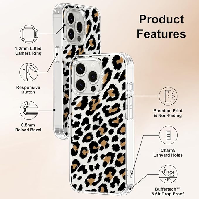MOSNOVO Case for iPhone 15 Pro Max, [Buffertech 6.6ft Military-Grade Drop Protection] [Anti Peel Off Tech] Clear TPU Bumper Phone Case Cover Design - Leopard Print