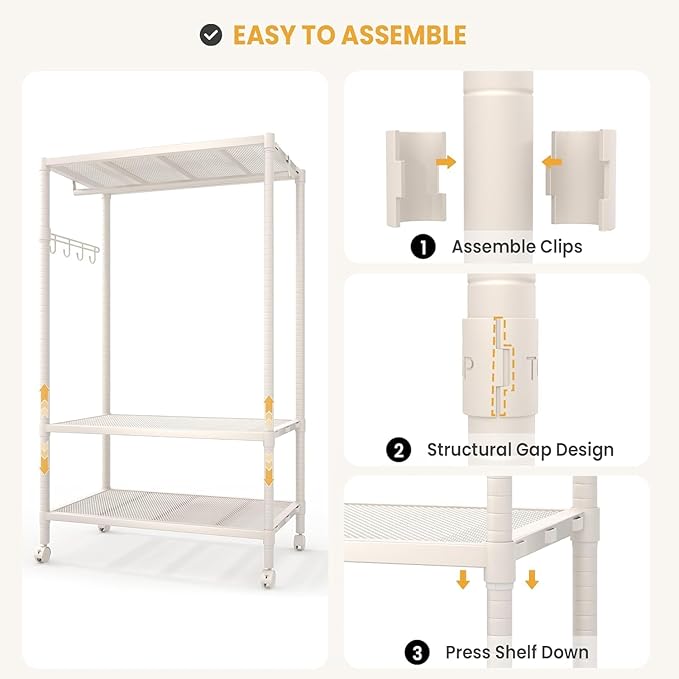 Rolling Clothes Rack, 3-Tier Adjustable Garment Rack with Hanging Rod and Side Hooks, Freestanding Clothing Rack with Wheels, Portable Clothes Rack for Bedroom, Laundry Room and Closet, White