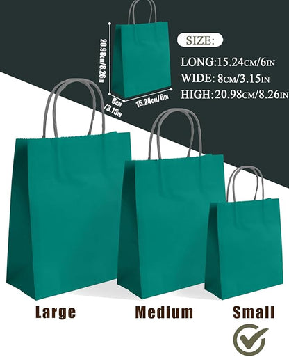 qiqee 24PCS Small Gift Bag with Handles Bulk 8.3"x6"x3" Gift Bags Deep Green Bags Multiple Uses (Small Size)