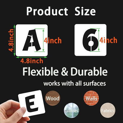 BAMIDELE 4 Inch Letter and Number Stencils, 40 Pcs Reusable Plastic Alphabet Spray Paint Stencils for Painting on Wood, Wall, Fabric, Rock, Chalkboard, Door Porch, Signage, DIY Craft Decoration