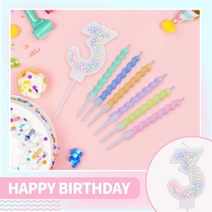 Number Birthday Candles for Cake with 12 Pieces Spiral Candles with Macaron Pastel Rainbow Pink Cake Toppers for Girls Happy Birthday Party Decorations (Number 3)