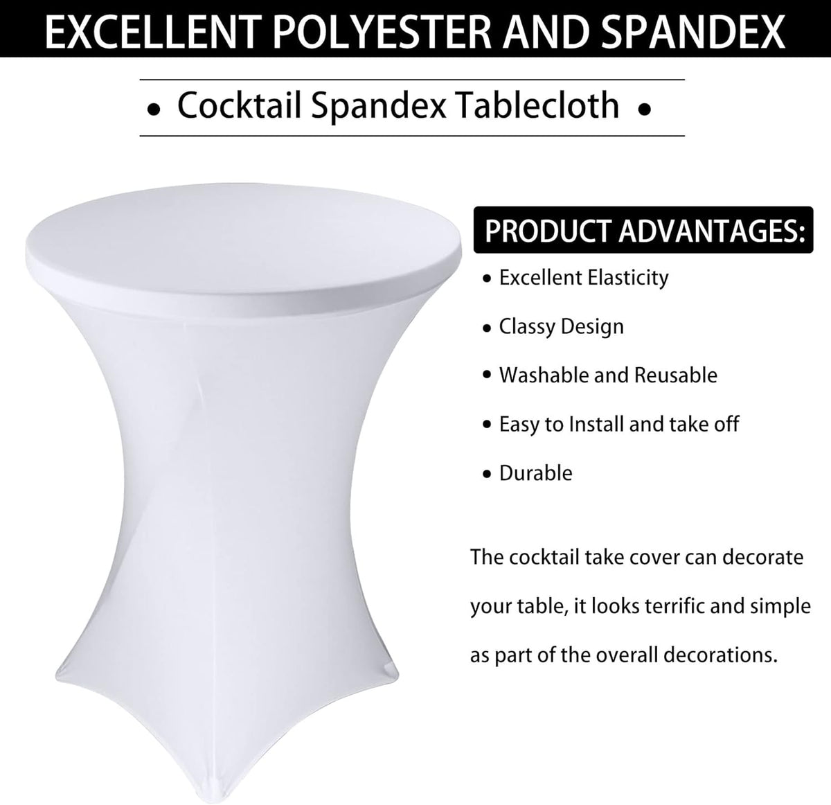 2 Pack Cocktail Spandex Tablecloth 32"x43" Cocktail Table Cover Fitted High Top Round Table for Bar Wedding Birthday Party Banquet (White)