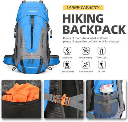 King'sGuard 60L Hiking Backpack for Men and Women Lightweight Camping Hiking Backpack with Rain Cover Large Waterproof Travel Backpack Backpacking Pack (Blue)