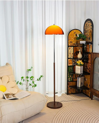 Mushroom Floor Lamp 63" H Orange Floor Lamp for Living Room with Gradient Double Dome Lampshade 3 Color Adjustable Light Pull Chain Switch MCM Standing Lamp for Bedroom Office Study Room
