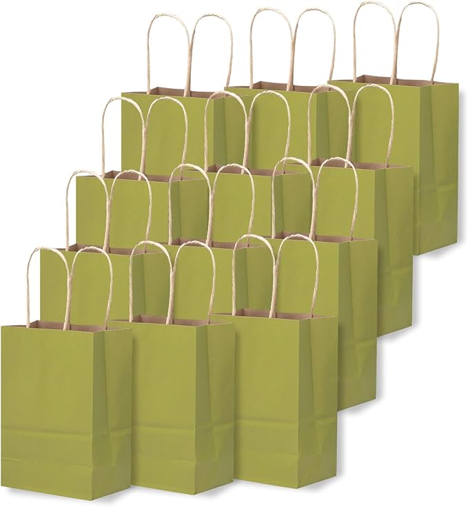 qiqee 24 Pcs Forest Green Mini Paper Gift Bags with Handles 6"x4.5"x2.5" Small Brown Kraft Party Favor Treat Bags Multiple Uses (Mini size)