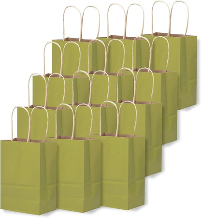 qiqee 24 Pcs Forest Green Mini Paper Gift Bags with Handles 6"x4.5"x2.5" Small Brown Kraft Party Favor Treat Bags Multiple Uses (Mini size)