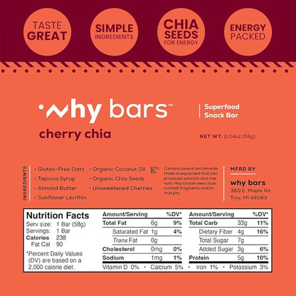 Superfood Protein Bar, Cherry Chia, 2.04 Ounce Bars (Pack of 12 Protein Bars) - Protein Bar Superfood, Gluten Free, Non GMO, Organic, Vegan, Simple Ingredients