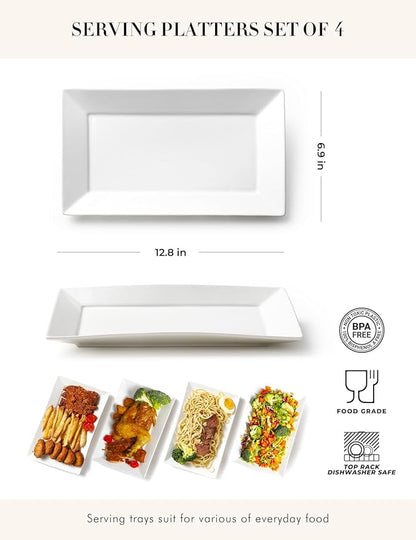 AISBUGUR 13" Serving Platters and Trays, White Serving Platters Set of 4, Large Platters for Serving Food Party, Daily and Entertaining, Ceramic Rectangular Plates for Steak, Taco, Snack, Appetizer