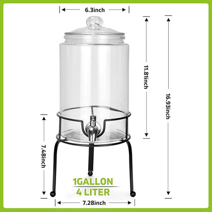 1 Gallon Beverage Dispenser 1 Pack, Stainless Steel Spigot Drink Dispenser for Parties with Stand, Clear Glass Drink Container Easy to Refill and Clean