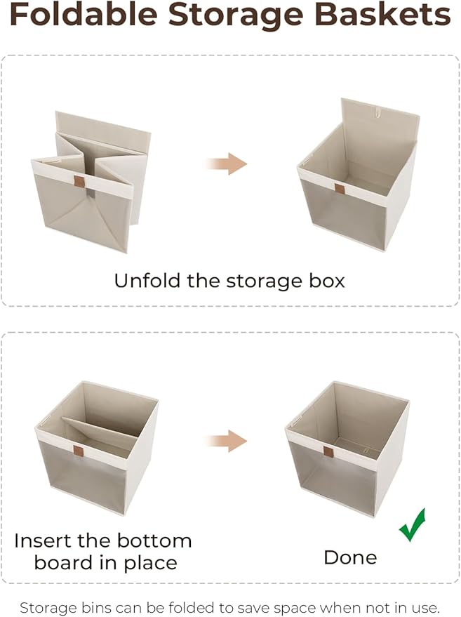 StorageWorks 11x11 Storage Cubes, Closet Storage Bins with Clear Window, Fabric Organizer for Clothes, Collapsible Storage Baskets with PU Handles, Beige, 3-Pack