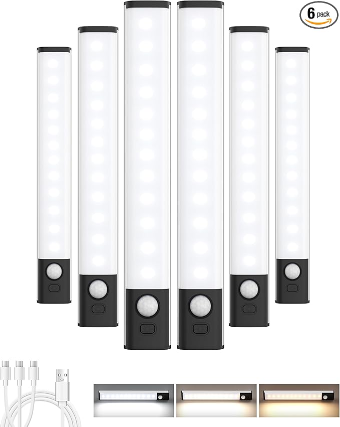 Under Cabinet Lighting,LED Closet Lights,Rechargeable Motion Sensor Light Indoor,3 Colors Dimmable,Magnetic Installation for Kitchen,Wardrobe,Bedroom,Drawer 6Pack