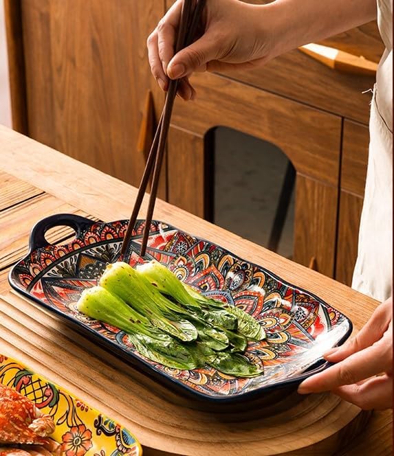 Serving Tray with Handles Rectangular Serving Platter Ceramic Extra Large Plates & Dishes Rectangle (Blue Garden)