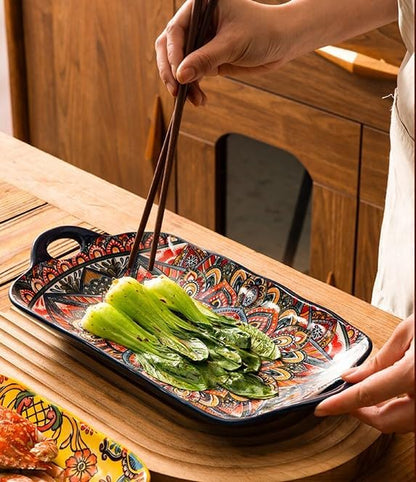 Serving Tray with Handles Rectangular Serving Platter Ceramic Extra Large Plates & Dishes Rectangle (Blue Garden)