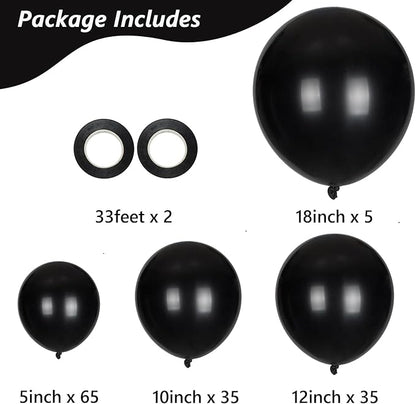 Black Balloons, 140pcs Black 18 12 10 5 Inch Different Sizes Pack Party Latex Balloons for Birthday Halloween Holiday Balloon Garland as Party Decorations