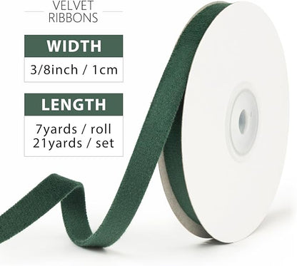 Vintage Forest Green Velvet Ribbon 3/8 Inch x 21Yd Vintage Thin Double Faced Dark Green Velvet Ribbons Set for Christmas Tree Ornaments Gift Wrapping Wedding Decoration Wreath & Hair Bows Making