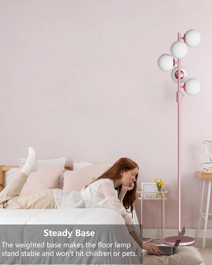 64IN Dimmable Pink Floor Lamp, Tall Standing Lamps with 5 Globe Soft Warm White Eye Care 3000K G9 Bulbs, Mid Century Modern Floor Lamp with 5Lbs Heavy Base for Living Room Bedroom Office