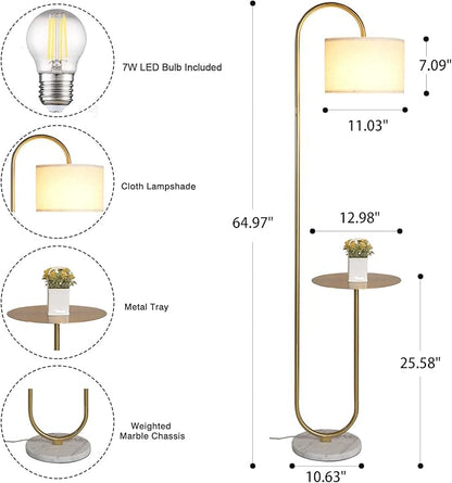 Hsyile KU300271 Arc Floor Lamp with Hanging Drum Shade for Living Room-Marble Base Modern Tall Stand Up Light with Table, Contemporary Over The Couch Gold Lamp Standing Lamps for Bedroom Office