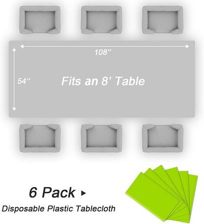 QIKSION Lime Green Plastic Table Cloth Disposable 6 Pack, 54 x 108 Inch Tablecloths for Party, Birthday, Halloween, Christmas Decorations, Rectangle Table Cover