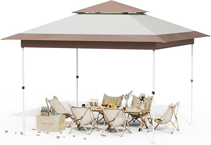 Arlopu Pop Up Canopy Tent with 1-Person Set up, Camping Instant Durable Shelter, Outdoor Gazebo Beach Shade with Wheeled Bag, 4 Sand Bags for Weight (Khaki, 13FTX13FT)
