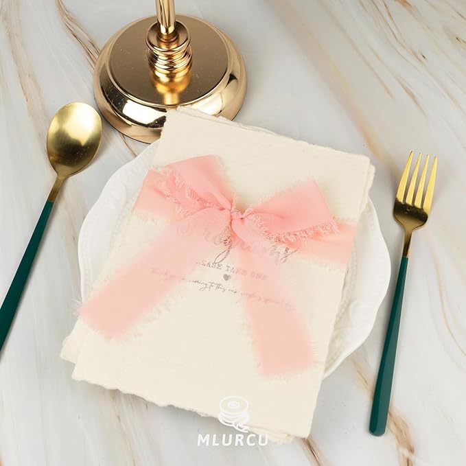 Handmade Fringe Chiffon Silk Ribbon 1.5 Inch x 3Yd Peach/Blush/Pink Soft Colorful Frayed Chiffon Ribbon for Wedding Invitation Flower Bouquets Gift Wrapping Bridal Shower