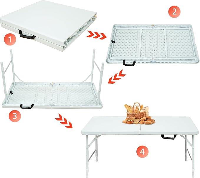 Portable 4Ft Folding Table, Heavy Duty Plastic Fold-in-Half Utility Foldable Table Small, Adjustable Height Plastic Folding Table with Carrying Handle for Camping & Party Indoor/Outdoor(White)