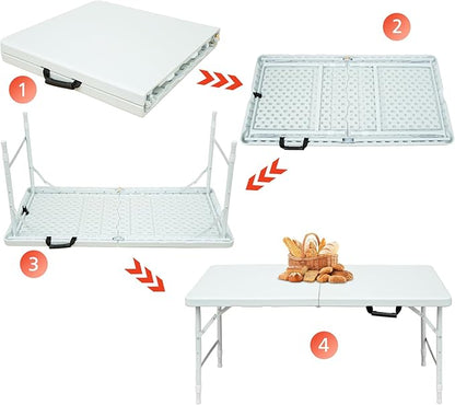 Portable 4Ft Folding Table, Heavy Duty Plastic Fold-in-Half Utility Foldable Table Small, Adjustable Height Plastic Folding Table with Carrying Handle for Camping & Party Indoor/Outdoor(White)