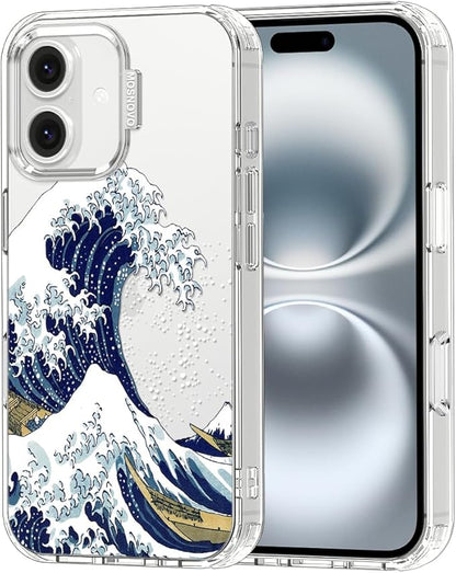 MOSNOVO Case for iPhone 16 Plus, [Buffertech 6.6ft Military-Grade Drop Protection] [Anti Peel Off Tech] Clear TPU Bumper Phone Case Cover Design - Great Wave